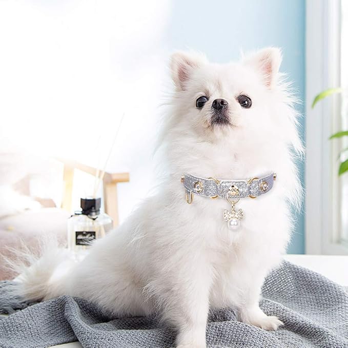 PetsHome Cat Collar, Dog Collar, [Bling Rhinestones] PU Leather Adjustable Pet Collar with Luxury Pendant for Cat and Small Dog Extra Small Silvery