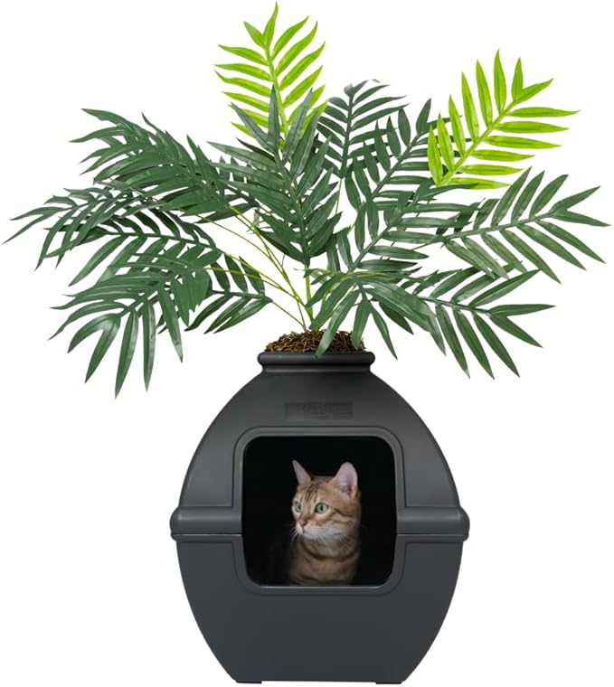 Good Pet Stuff Hidden Litter Box Planter, Decorative Cat Litter Enclosure with Carbon Filter, Artificial Plant, Easy Clean, Indoor Design, Courtyard Square Style, Base Kit, Black Suede