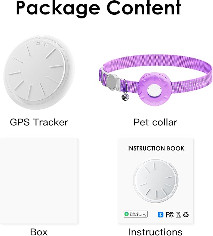 Cat Tracker, GPS Tracker Compatible with Apple Find My App(Only iOS), Waterproof Cat Tracker Collar with Bell and Safety Elastic Buckle, No Monthly Fee Pet Trackers for Vehicles, Pets, Kids (Purple)