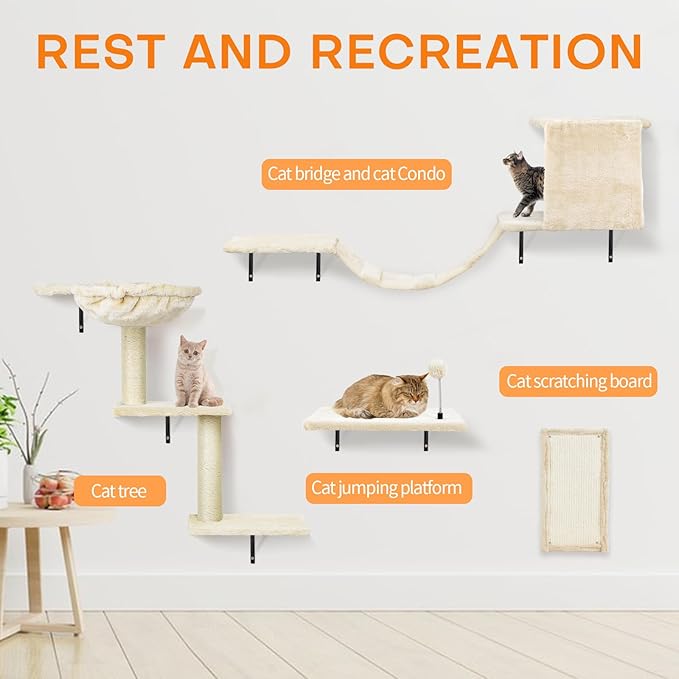 Cat Wall Shelves, Multi-Level Cat Climbing Furniture, Space-Saving Wall-Mounted Cat Climber Set with Perches,Bridge,Hammock,Scratching Board & Ball for Indoor Cat Play (Beige)