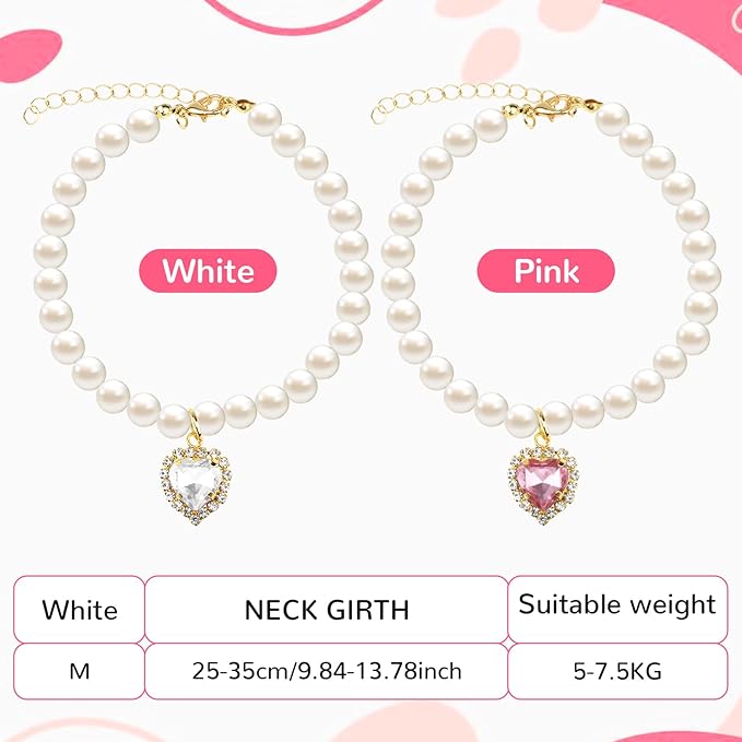 2pcs Cute Girl Cat Collar, Fancy Dog Pearl Necklace Collars Adjustable Pearl Dog Cats Collars with Small Heart Shape Rhinestone for Small Dogs and Cats, Pink Heart + White Heart