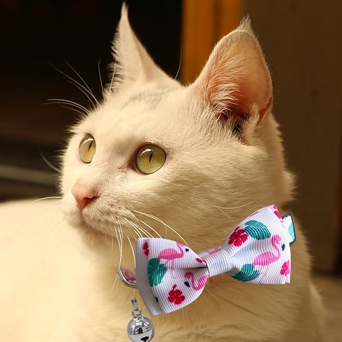 3 Pack Hawaiian Breakaway Cat Collar with Removable Cute Bow Tie and Bell Adjustable Safety Buckle Fruit Flamingos Hawaiian Styles