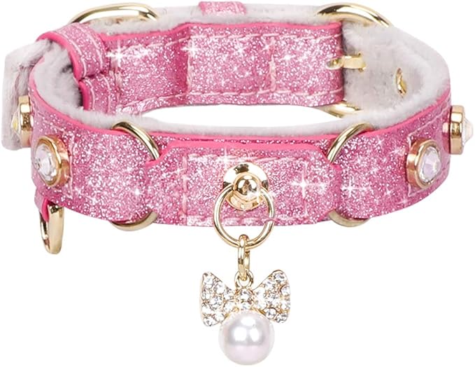 PetsHome Cat Collar, Dog Collar, [Bling Rhinestones] PU Leather Adjustable Pet Collar with Luxury Pendant for Big Cat and Small to Medium Dog Small Pink