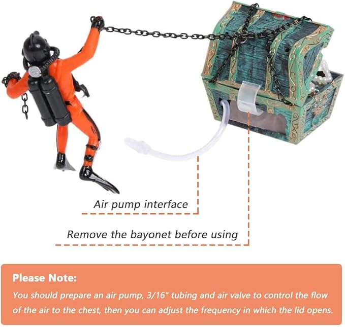 Live-Action Aquarium Ornament Creative Undersea Treasure Chest Diver Air Bubbler Aerating for Fish Tank Decorations Orange Color