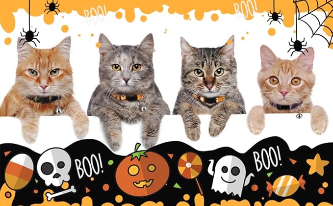 azuza 4 Pack Halloween Kitten Collars Breakaway with Bells, Adjustable Cat Collars with Safety Buckle,Adjustable from 6"-8", Skull and Crossbones,Ghosts, Spider and Pumpkin Prints