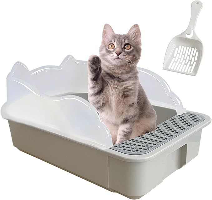 kathson Open Small Cat Litter Box with High Side,Anti-Splashing Kitten Litter Pan,Semi-Enclosed Removable Kitty Cat Toilet with Litter Sifting Scoop for Boxes Easy to Clean No Odor-Grey
