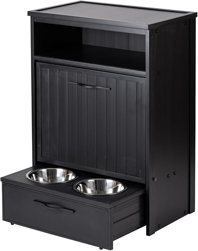 New Age Pet ECOFLEX Brea Dog Food Pantry in Black, Two 32 oz Bowls, Moisture Resistant, Easy Assembly, Holds 25 lbs