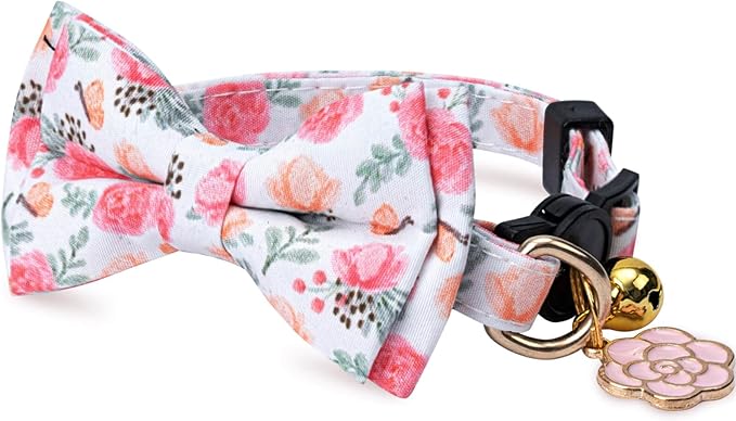 2 Pack Cotton Cat Collar with Bow Tie and Bell for Girl Boy Cats,Cute Pink Flamingo and Blue Whale Pattern Spring Summer Breakaway Cat Collar for Male Female Cats (Flower&Sunflower)