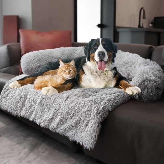 Calming Dogs/Cats Bed Mats, Dog Pad Washable Removable Couch Cover, Plush Long Fur Mat for Pets, Waterproof Lining, Perfect for Small, Medium and Large Dogs and Cats (Light Gray, 59"x39")