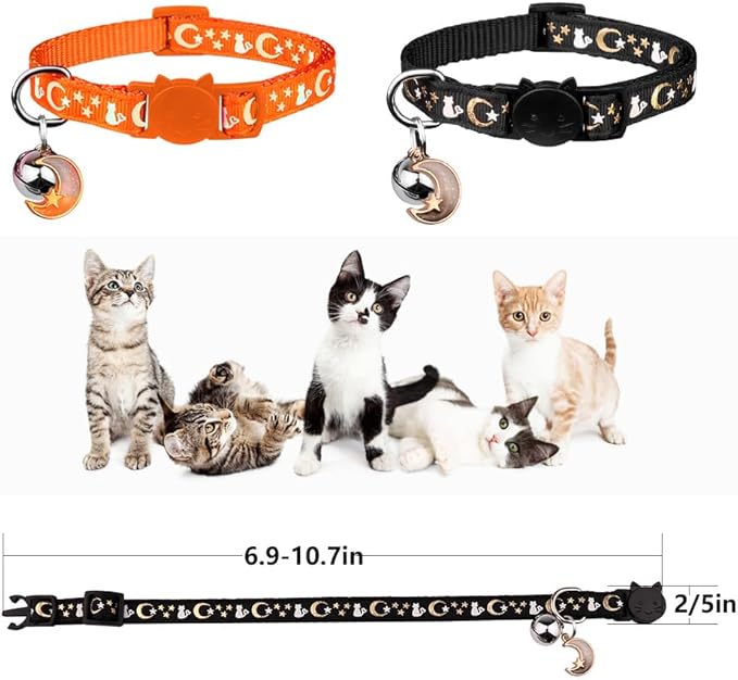 Baeuppit 2PCS Breakaway Cat Collars with Bell Cute Kitty Glow in The Dark Adjustable Kitten Collars(Orange&Black)