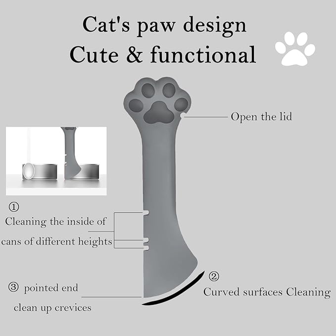 Pet Food Can Spoon & 3 Pcs Can Covers | Cute Paw Shape Opener Spatula Cat Wet Food Spoon | Universal BPA Free Silicone Lids for Dog Cat Cans(Grey)