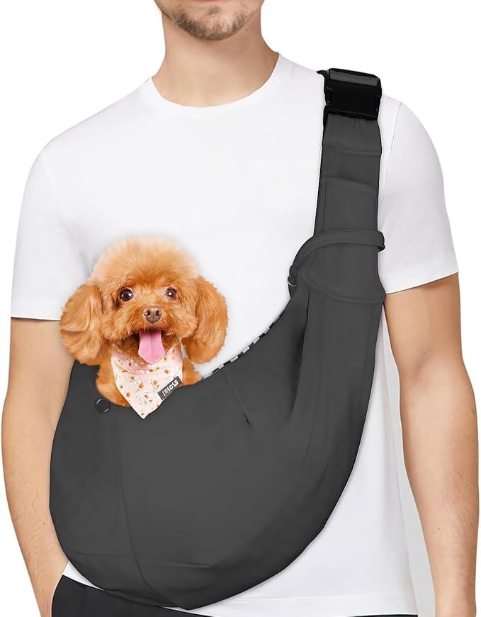 PETLOFT Reversible Dog Cat Sling Carrier, Small Carrier, Adjustable Sling, Hands Free Cross Body Carrier with Collar Hook for Dog/Cat/Bunny up to 11lb (Dark Grey)