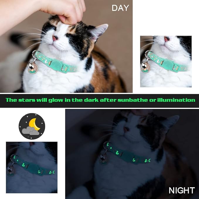 2PCS Breakaway Cat Collars with Bell Cute Kitty Glow in The Dark Adjustable Kitten Collars 7.9-13.0 Inch(Teal&Pink)