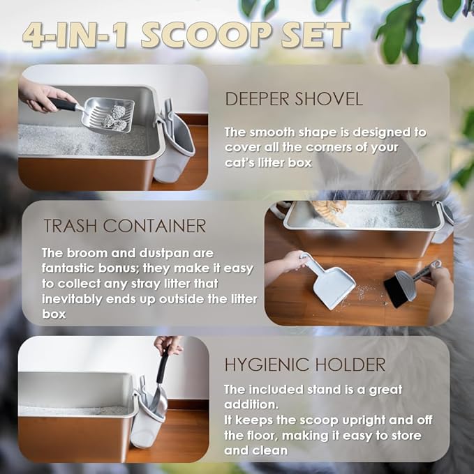 4-in-1 Cat Litter Scoop with Holder, Cat Litter Box Organizer Cleanup Kit - Sweeper & Dustpan, Aluminum Kitty Litter Scooper and Storage Caddy (Black)