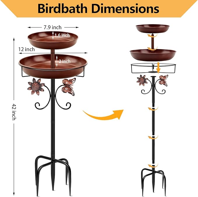 Daoeny Bird Bath for Outside, 42In Vintage Freestanding Birdbaths for Outdoors, Double Metal Bird Bath Feeder Bowls for Garden Patio Yard Lawn Decor, Upgraded 5-Pronged Base (Brown)