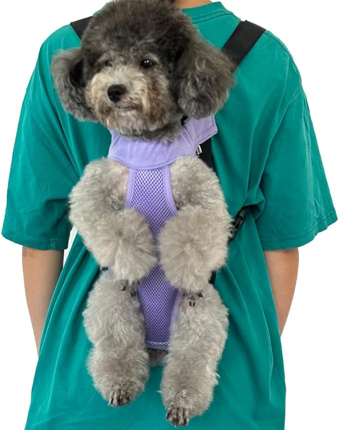 Pet Dog Carrier Backpack, Portable Breathable Mesh Chest Carrier, Polyester Woven Double Shoulder Pet Bag for Outdoor Adventures (Purple, Large)