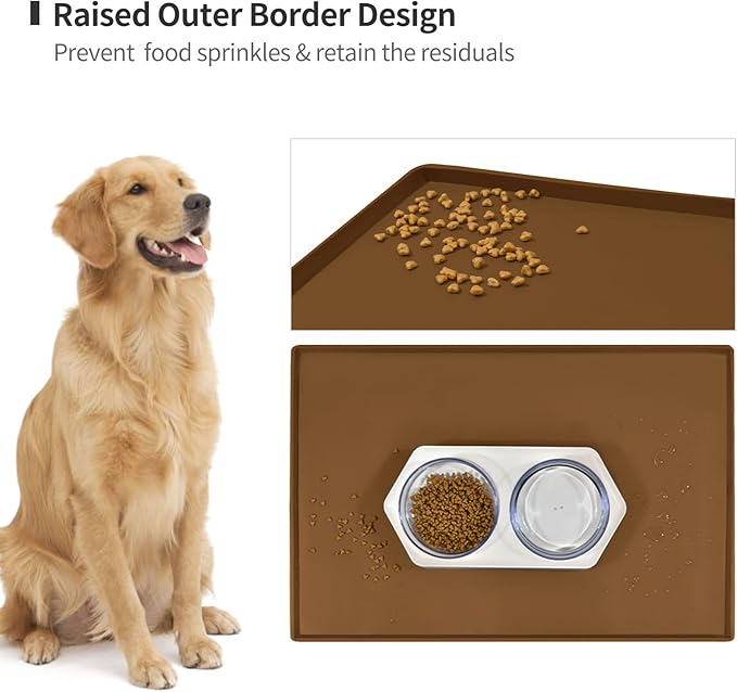 Dog Food Mat,Silicone Waterproof Food Tray,Non Slip Pet Bowl Mats Placemat,0.6" Raised Edge,Suitable for Most Small and Medium Sized Pets,24" x 16"