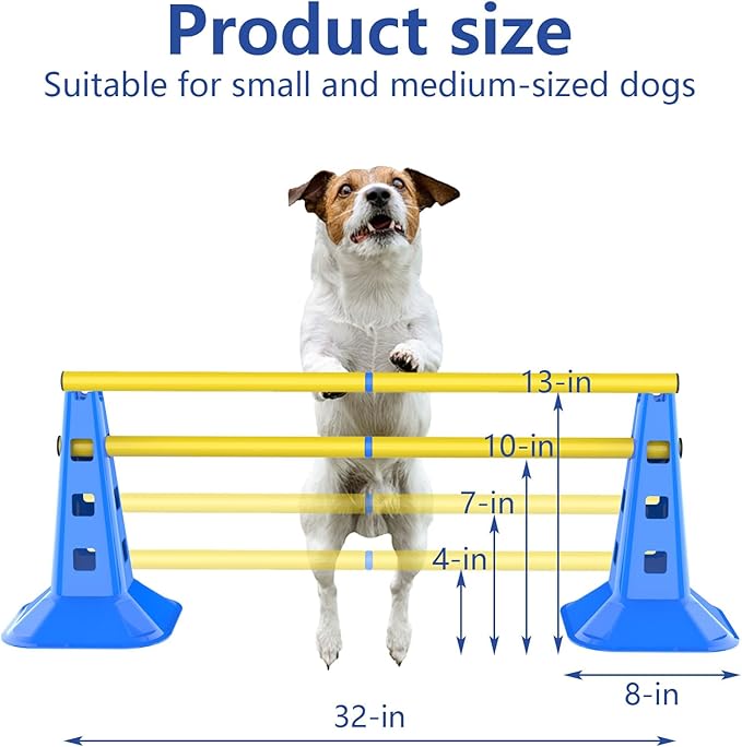 Dog Agility Hurdle Cone Set, Adjustable Height Dog Agility Course for Backyard Training, 12 Cones with PVC Crossbar, 4 Height Levels (12 Pack)