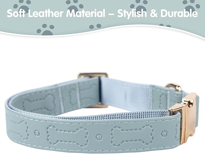 TDTOK Stylish Leather Dog Collar, Comfortable Soft PU Leather Dog Collars for Large Medium Small Dogs with Quick Metal Buckle, Adjustable Pet Collar with Cute Bone Pattern Design (Blue, L)