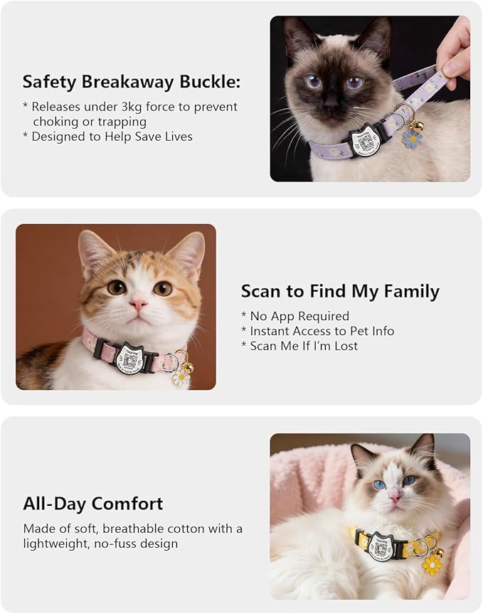 Breakaway Cat Collar with QR Code ID Tag, Adjustable Cotton Kitten Collar with Bell, Scan to Find My Family Personalized Pet Info, Cute Flower Design for Indoor Outdoor Cats,Flower Pendant(Yellow)