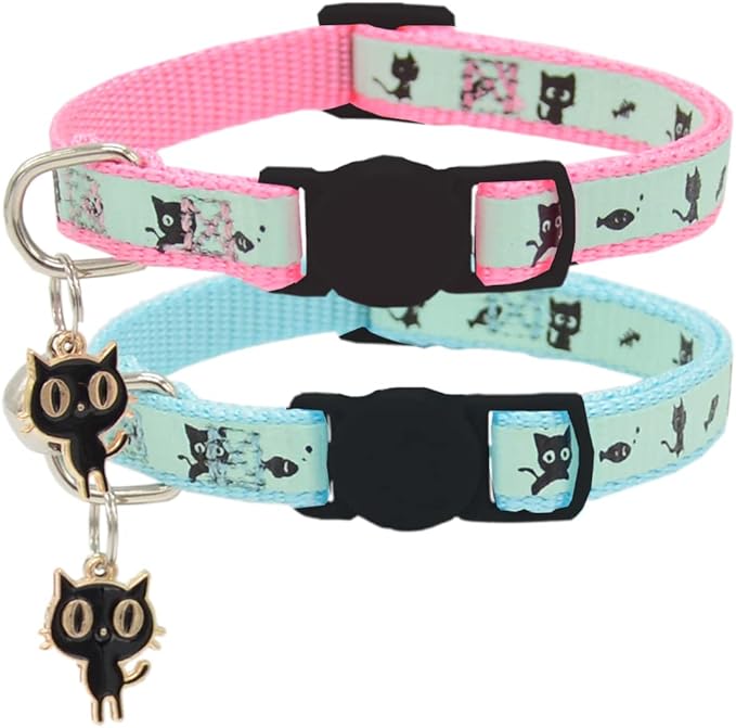 2 Pack Glow in The Dark Cat Collar with Bell Breakaway Safety Cat Puppy Collars with Pendant Light Blue and Pink