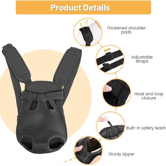 Inspack Dog Backpack Carrier/Cat Carrier, Adjustable Pet Front Carriers Travel Bag for Puppy Medium Dogs, Legs Out, Soft Ventilated Dog Chest Carry Backpacks for Hiking/Camping, 4-7 lbs, Black