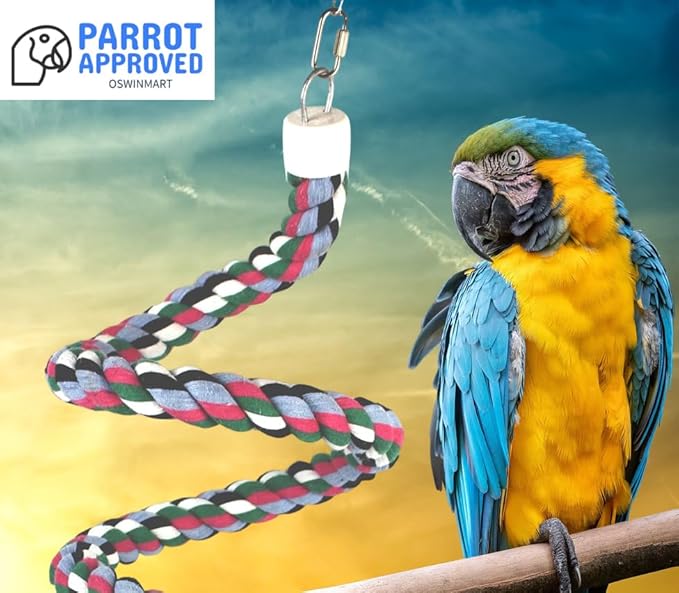65 inch Length Colorful Cotton Bendable Rope Perch Swing Bird Chew Toys Amazon Parrots Cage Toys with Bell Swing Climbing Standing Bungee Bird Toys for Large to Regular Birds