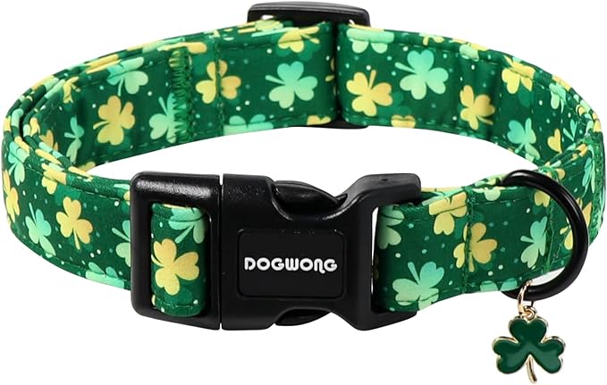 DOGWONG St Patrick's Day Dog Collar-Cute Green Clovers Dog Collars, Adjustable Shamrock Pet Collars Trefoil Puppy Collars with Quick Release Buckle for Girl&Boy Dogs,L