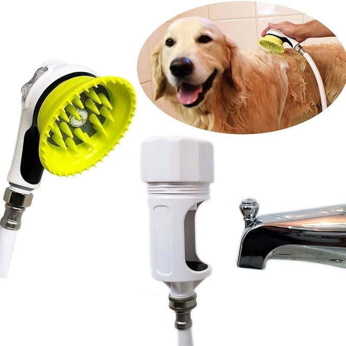 Wondurdog Bathtub Spout and Garden Hose Attachment Dog Wash Kit w/Splash Shield and Rubber Scrubbing Teeth. Tub Spouts with Front Pull Up Diverter Only. Pet Grooming for Long and Short Hair.