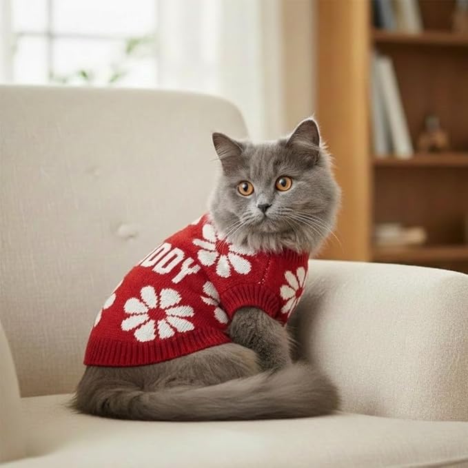 Custom Knit Sweater for Dogs and Cats with Personalized Name, Flower Pattern, Soft Knit Winter Apparel, Ideal for Pet Lovers, Cozy and Stylish Pet Clothing