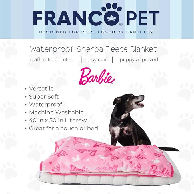 Franco Pet Barbie Super Soft Cozy Waterproof Sherpa-Backed Blanket Throw for Medium Dogs, Couch/Bed/Car, 40x50 (Officially Licensed Product)
