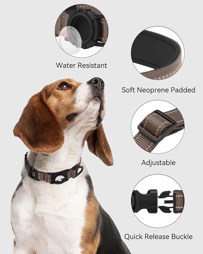 Joytale Airtag Dog Collar, Reflective Pet Collar with Waterproof AirTag Holder, Dual D-Rings, Soft Padded Adjustable for Extra Large Dogs, Brown, XL