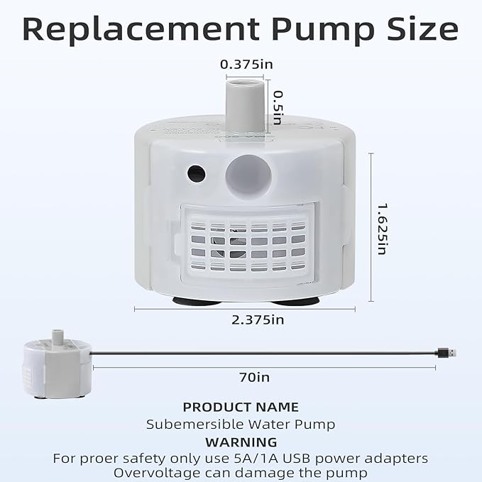 Glass Cat and Dog Water Fountain 90oz/2.7L, SMA-800 Ultra-Quiet Replacement Pump - Safe and Easy to Clean with Low Voltage DC 5V and USB Cable (Pump+2 Black Filter Cottons)