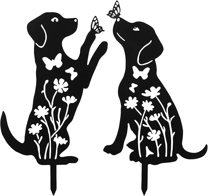 Metal Dog Garden Decor for Outside 2 Pack, 17" Puppy Decorative Garden Stakes, Black Dog Silhouette Outdoor Decor, Pet Yard Art, Weather Resistant Steel Yard Decor