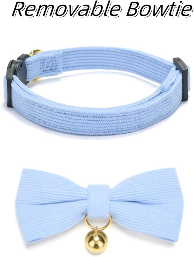 Soft Corduroy Cat Collar with Bell and Bowtie, Safety Breakaway Clasp, Adjustable for Kitten and Cats Blue Color.