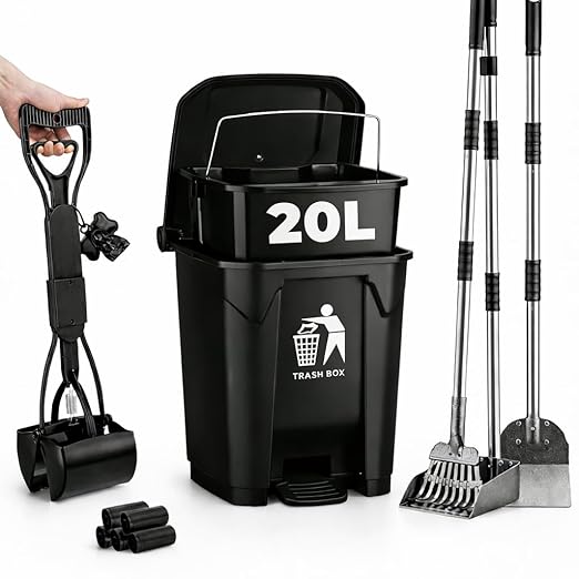 20L Dog Poop Trash Can Outside with Pooper Scooper, Inner Bucket, Stainless Steel Dustpan, Rake & Shovel, Waste Bags for Dog Poop Disposal