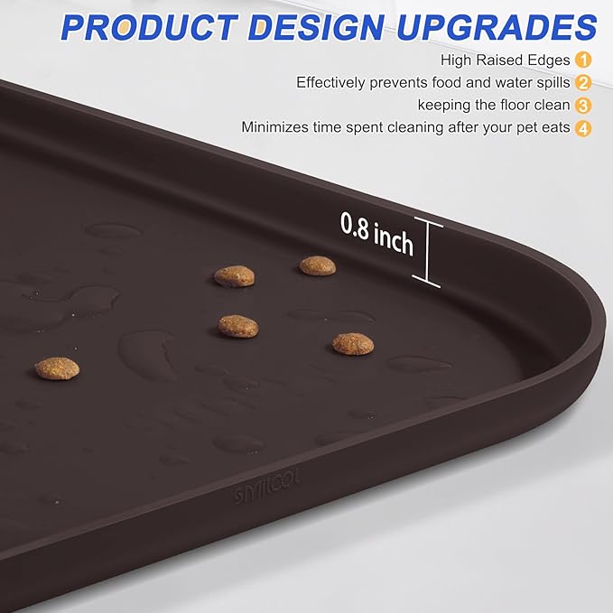 Silicone Pet Feeding Mat with Raised Edge for Food and Water, Dog Bowl Mats, Cat Bowls Placemat with High Lip for Floor Waterproof, Rubber Tray for Cats and Dogs 24 x 16 x0.8 Dark Brown