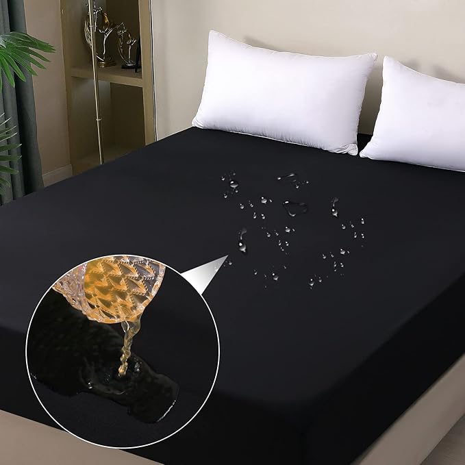 Waterproof Mattress Protector King Size, Fitted Sheet Style Breathable Mattress Cover with Deep Pocket Fits Up to 18'', Machine Washable Noiseless Bed Cover for Kids Adults Pets (Black, 76'' X 80'')