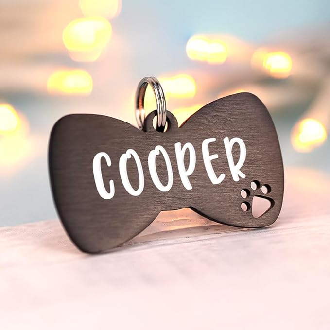 Ultra Joys Dog Tags Personalized for Pets - Hollow Paw Custom Pet ID Tag - Engraved Dog Tag for Small, Large Dogs - Large Bow Tie in Black