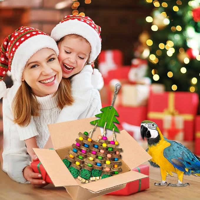 Parrot Toys, Large Bird Parrot Chewing Toys for Medium-Sized Macaws, Natural Wooden Blocks Christmas Tree Shape, African Grey Parrots, Amazon Parrots, Medium-Sized Bird
