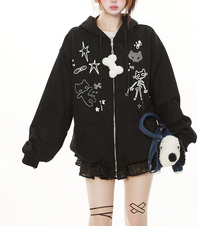 Womens Y2K Zip Up Cute Graphic Hoodies Cat Ears Casual Cartoon Harajuku Kawaii Clothes Oversize Streetwear Jacket