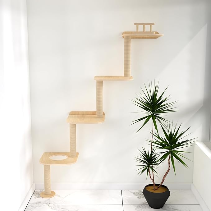 Wall-Mounted Tall Cat Tree Cat Scratching Post, Space Saving Floor to Ceiling Cat Tower, Natural Wood Cat Wall Shelves, Corner cat Jumping Platform cat Bed,Suitable for Large Cats