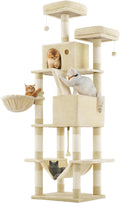 Feandrea Cat Tree, 81.1-Inch Large Cat Tower, Multi-Level Plush Condo with 13 Scratching Posts, 2 Perches, 2 Caves, Basket, Hammock, Pompoms, Beige UPCT190M01