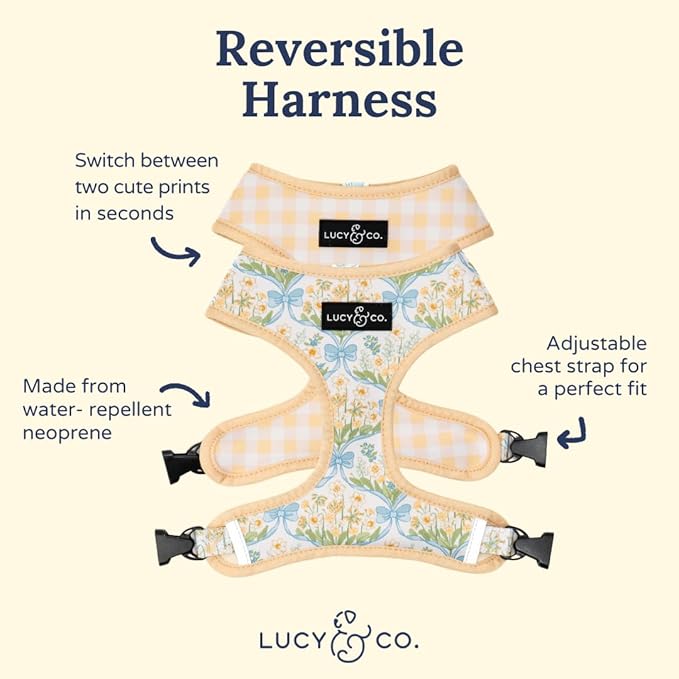 Lucy & Co. Sunshine and Daffodils Reversible Dog Harness, Adjustable Comfort Fit with Dual Leash Attachments, Medium