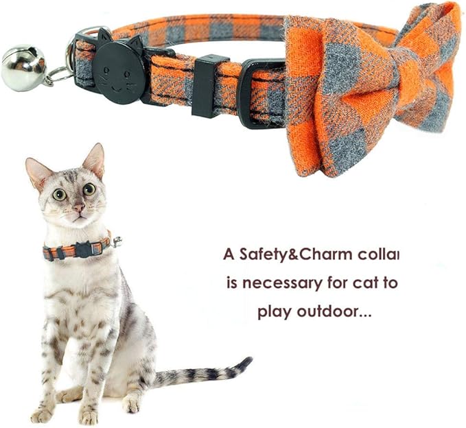 Cat Collars Breakaway with Bell and Bow Tie, Plaid Design Adjustable Safety Kitty Kitten Collar(6.8-10.8in) (Orange Plaid)