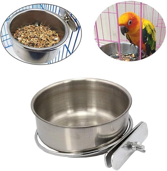 PINVNBY Parrot Feeding Cups Birds Food Dish Stainless Steel Parrot Feeders Water Cage Bowls with Clamp Holder for Cockatiel Conure Parakeet Macaw Small Animal (2PCS, Size: M)