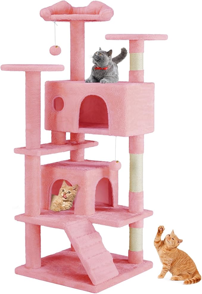 Sweetcrispy 54-Inch Cat Tree Tower – Multi-Level with Sisal Scratching Post, Perfect Pet Gift, Indoor Condo with Climbing Ladder, Plush Toy, and More Animal Stuff, Pink