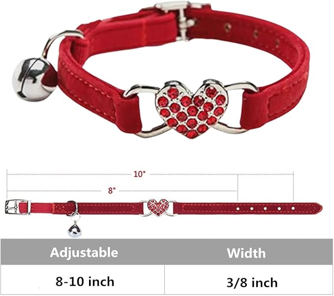 Heart Bling Cat Collar with Safety Belt and Bell Adjustable 8-10 inches for Kitten Cats (Red)