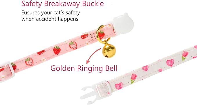 2 Pack Floral Cat Collars with Bow Tie and Bell Adjustable Breakaway Bowtie Cute Kitten Collar(White Heart & Pink Strawberry)