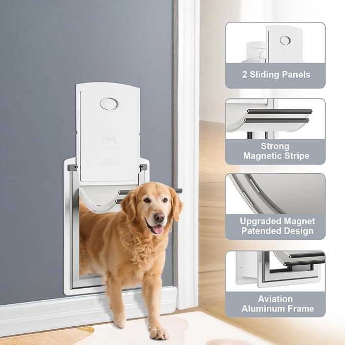 Dog Door for Wall, Steel Dog Door with Telescoping Tunnel, Weatherproof Pet Door with Two Sliding Lock Panels and Magnetic Flaps, Easy to Install, White, Large